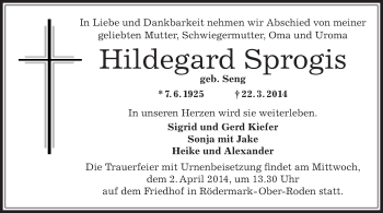 Traueranzeige von Hildegard Sprogis von Offenbach