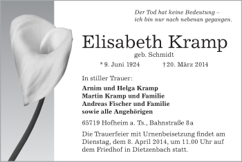 Traueranzeige von Elisabeth Kramp von Offenbach