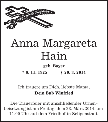 Traueranzeige von Anna Margareta Hain von Offenbach