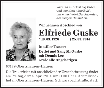 Traueranzeige von Elfriede Guske von Offenbach