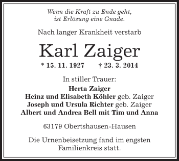 Traueranzeige von Karl Zaiger von Offenbach