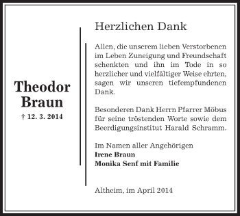 Traueranzeige von Theodor Braun von Offenbach