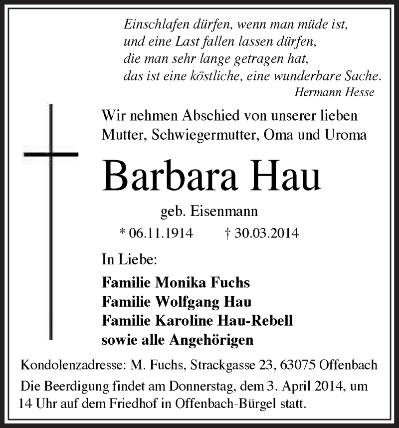  Traueranzeige für Barbara Hau vom 01.04.2014 aus Offenbach