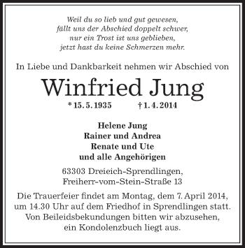 Traueranzeige von Winfried Jung von Offenbach