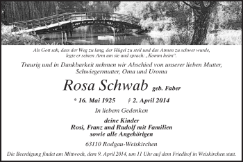 Traueranzeige von Rosa Schwab von Offenbach