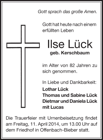 Traueranzeige von Ilse Lück von Offenbach