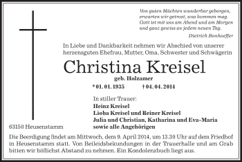 Traueranzeige von Christina Kreisel von Offenbach