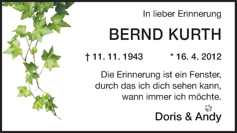  Traueranzeige für Bernd Kurth vom 17.04.2014 aus Offenbach
