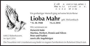 Traueranzeige von Lioba Mahr von Offenbach