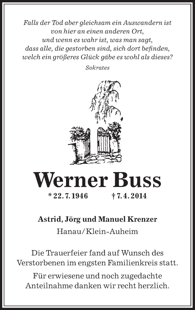  Traueranzeige für Werner Buss vom 24.04.2014 aus Offenbach