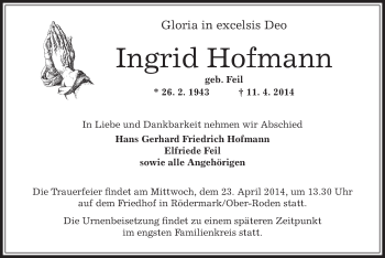 Traueranzeige von Ingrid Hofmann von Offenbach