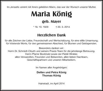 Traueranzeige von Maria König von Offenbach