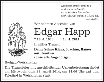 Traueranzeige von Edgar Happ von Offenbach