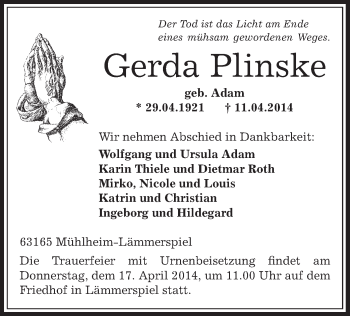 Traueranzeige von Gerda Plinske von Offenbach