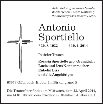 Traueranzeige von Antonio Sportiello von Offenbach