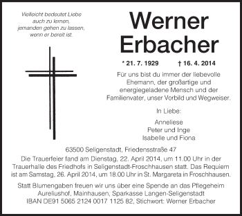 Traueranzeige von Werner Erbacher von Offenbach