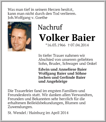 Traueranzeige von Volker Baier von Offenbach