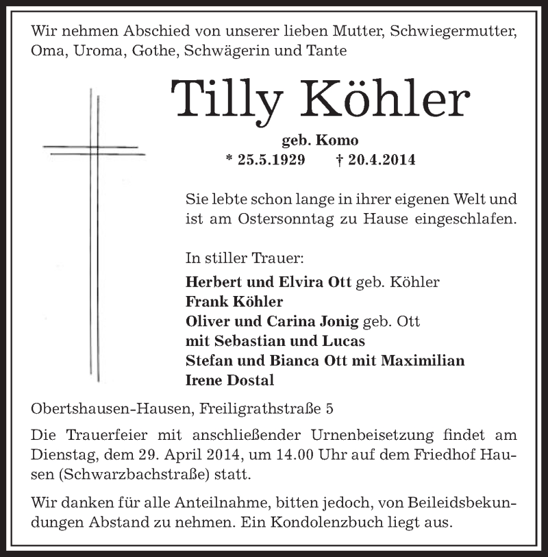  Traueranzeige für Tilly Köhler vom 24.04.2014 aus Offenbach
