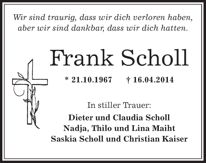  Traueranzeige für Frank Scholl vom 26.04.2014 aus Offenbach