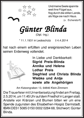 Traueranzeige von Günter Blinda von Offenbach