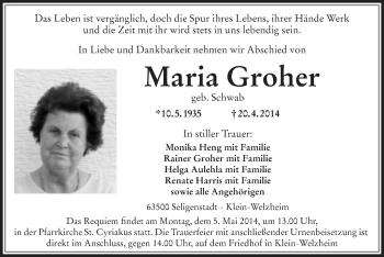Traueranzeige von Maria Groher von Offenbach