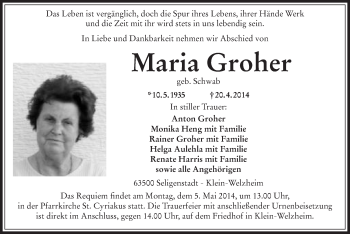 Traueranzeige von Maria Groher von Offenbach
