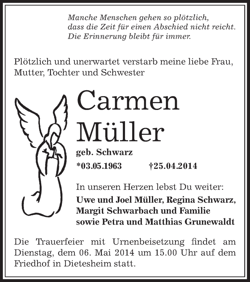  Traueranzeige für Carmen Müller vom 01.05.2014 aus Offenbach