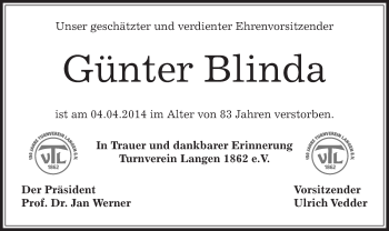 Traueranzeige von Günter Blinda von Offenbach