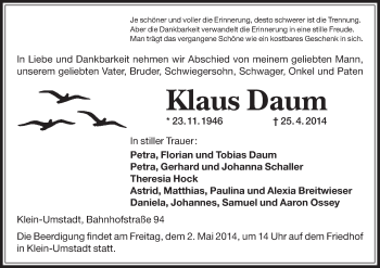 Traueranzeige von Klaus Daum von Offenbach