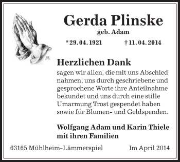 Traueranzeige von Gerda Plinske von Rheinmain