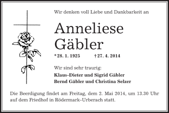 Traueranzeige von Anneliese Gäbler von Offenbach