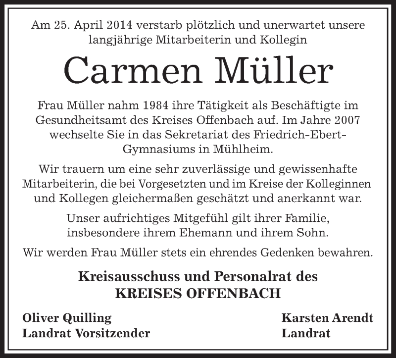  Traueranzeige für Carmen Müller vom 30.04.2014 aus Offenbach