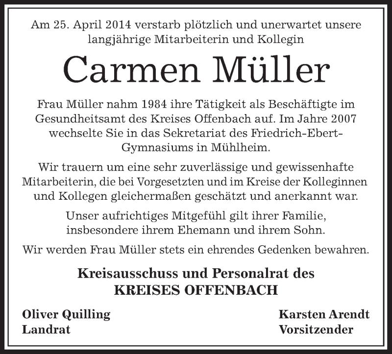 Traueranzeige für Carmen Müller vom 03.05.2014 aus Offenbach