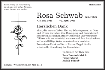 Traueranzeige von Rosa Schwab von Offenbach