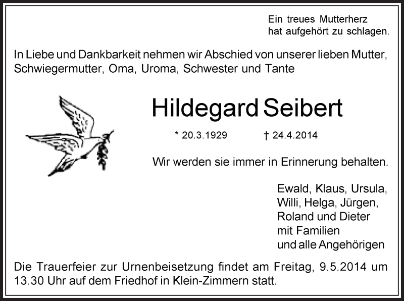  Traueranzeige für Hildegard Seibert vom 03.05.2014 aus Offenbach