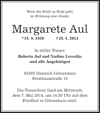 Traueranzeige von Margarete Aul von Offenbach