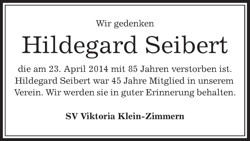  Traueranzeige für Hildegard Seibert vom 03.05.2014 aus Offenbach