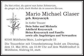 Traueranzeige von Mario Michael Glaser von Offenbach