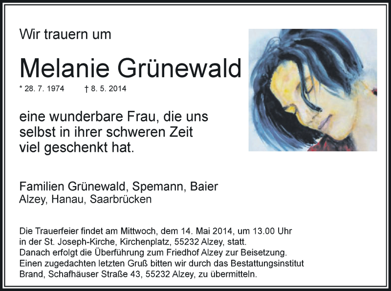  Traueranzeige für Melanie Grünewald vom 10.05.2014 aus Offenbach