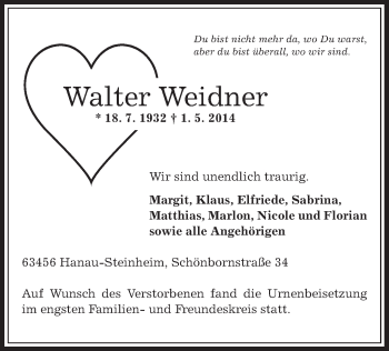 Traueranzeige von Walter Weidner von Offenbach