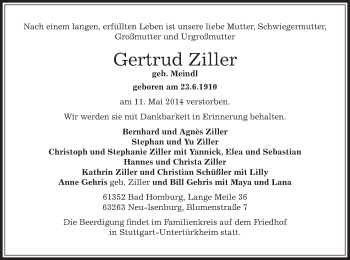 Traueranzeige von Gertrud Ziller von Offenbach