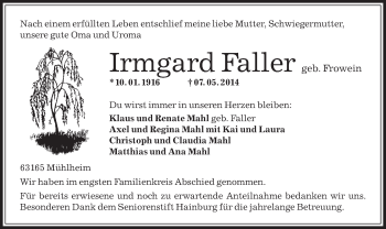 Traueranzeige von Irmgard Faller von Offenbach