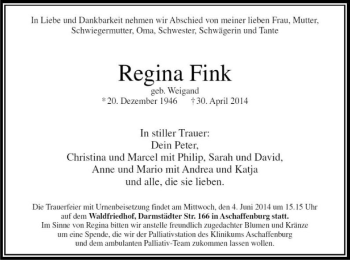 Traueranzeige von Regina Fink von Offenbach