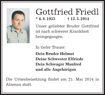 Traueranzeige von Gottfried Friedl von Offenbach