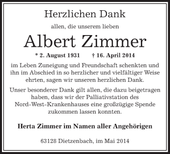 Traueranzeige von Albert Zimmer von Offenbach