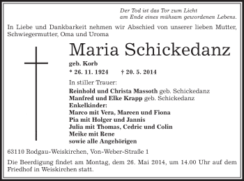 Traueranzeige von Maria Schickedanz von Offenbach