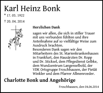 Traueranzeige von Karl Heinz Bonk von Offenbach