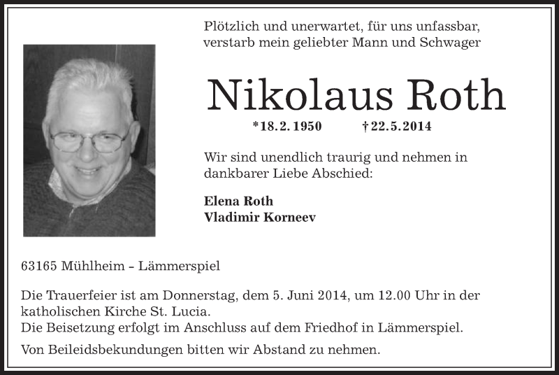  Traueranzeige für Nikolaus Roth vom 29.05.2014 aus Offenbach