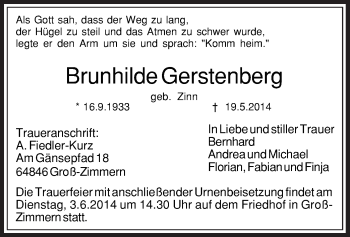 Traueranzeige von Brunhilde Gerstenberg von Offenbach