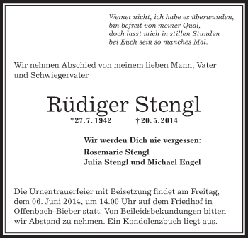 Traueranzeige von Rüdiger Stengl von Offenbach